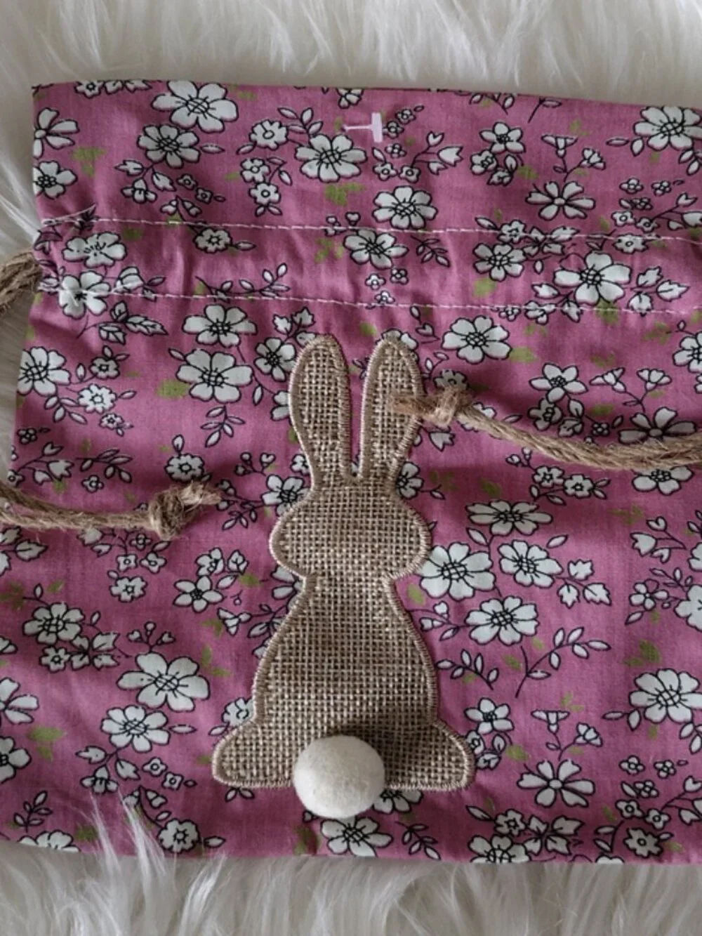 3 - Flower Print Cloth Draw String Bunny Gift Bag - Small